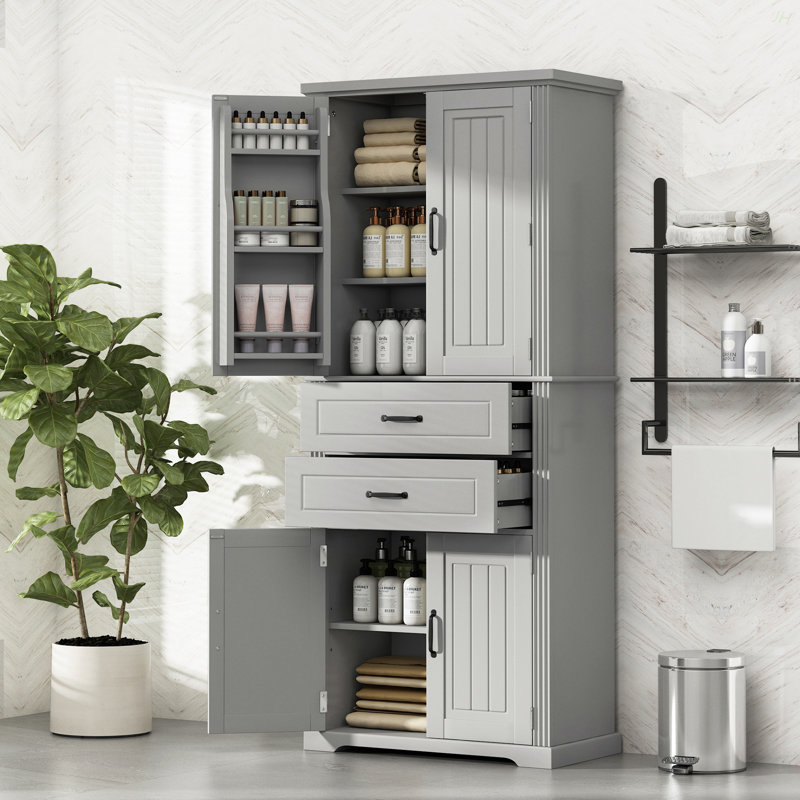 Storage Cabinet With Multi-Functional Storage Space, Doors With Storage Shelves, 2 Drawers, Adjustable Shelf, Gray