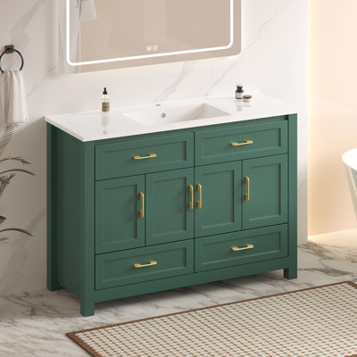 Meuble-lavabo 48 po avec lavabo simple en résine intégré, armoire de salle de bain transitionnelle moderne avec 4 portes à fermeture douce et 4 tiroirs, meuble-lavabo de rangement en panneau de fibres à densité moyenne durable pour salle de bain principale et d'invité