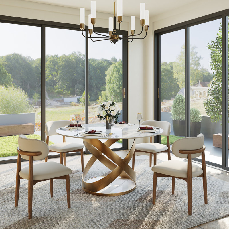 Table de salle à manger Maxwell, Blanc lustré, Bronze, H 29,53 po x L 51,18 po x l 51,18 po