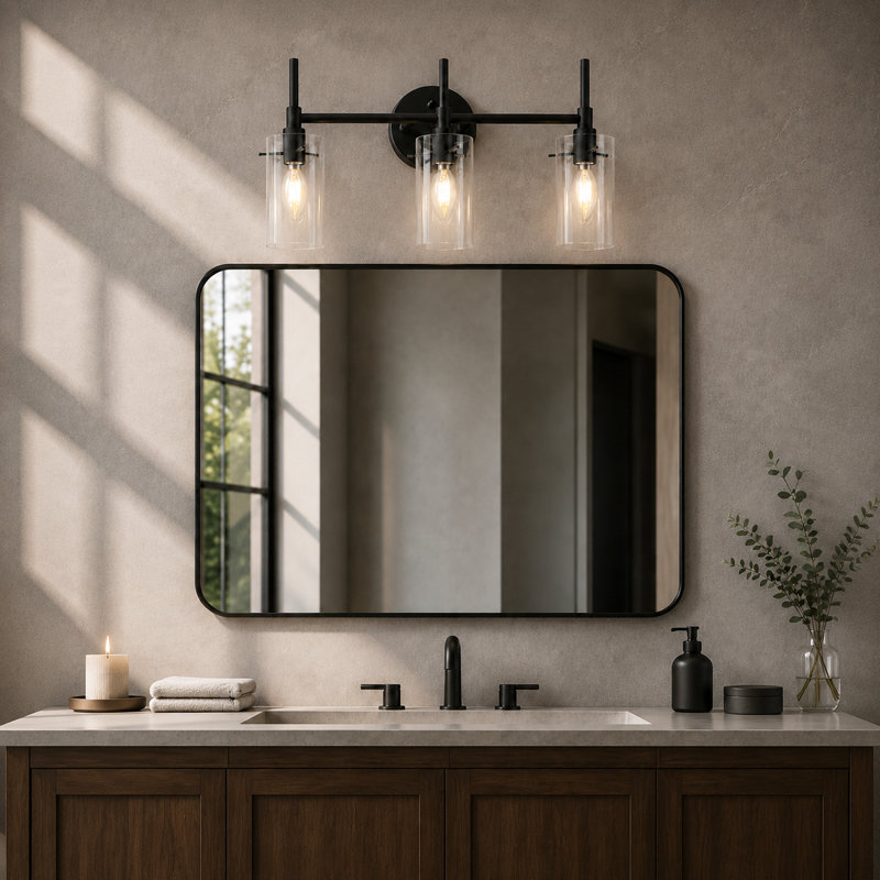 3-Light Dimmable Transparent Glass Modern Vanity Light, Matte Black, 3 Light