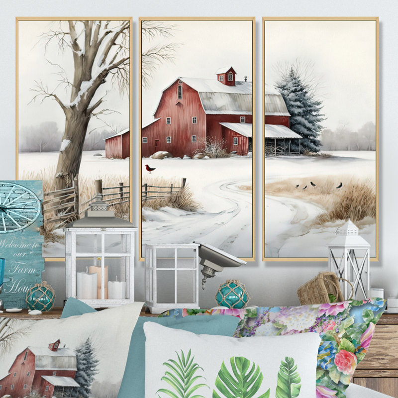 Calm Red Barn In Winter III - 3 pièces sur toile, H 32 po x l 48 po, Cadre flottant en érable