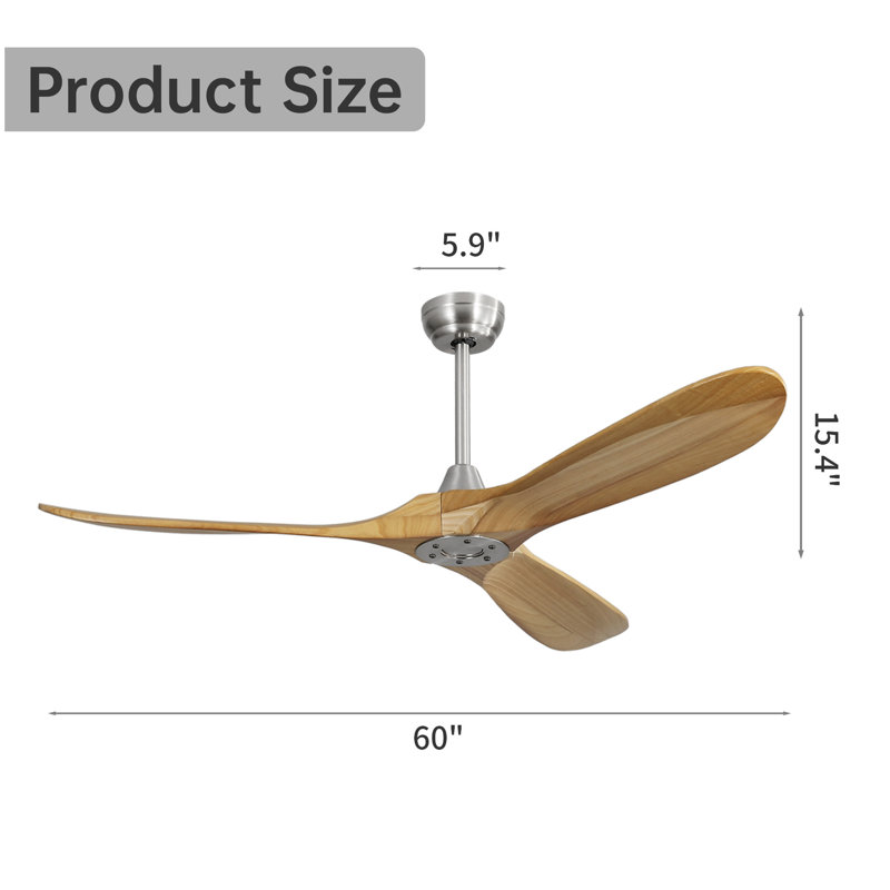 Ventilateur de plafond 60 pouces sans lumière 3 pales en bois massif avec télécommande pour moteur à courant continu
