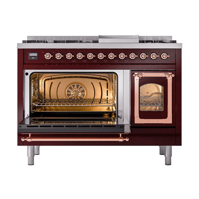 ILVE UN48FNMPEGG Nostalgie II Noblesse 48 inch Dual Fuel Range (8 Sealed Burners + Griddle, Triple Glass Door), Copper