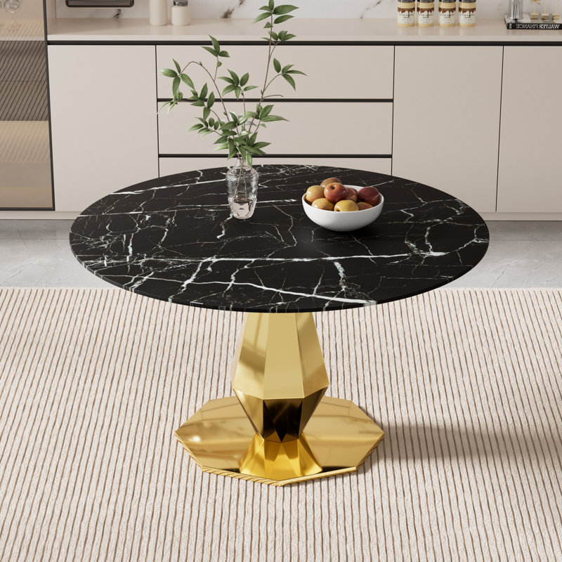 Round Tempered Glass with Marbel Texture Dining Table, 29.5"H x 47"L x 47"W, Black, Gold