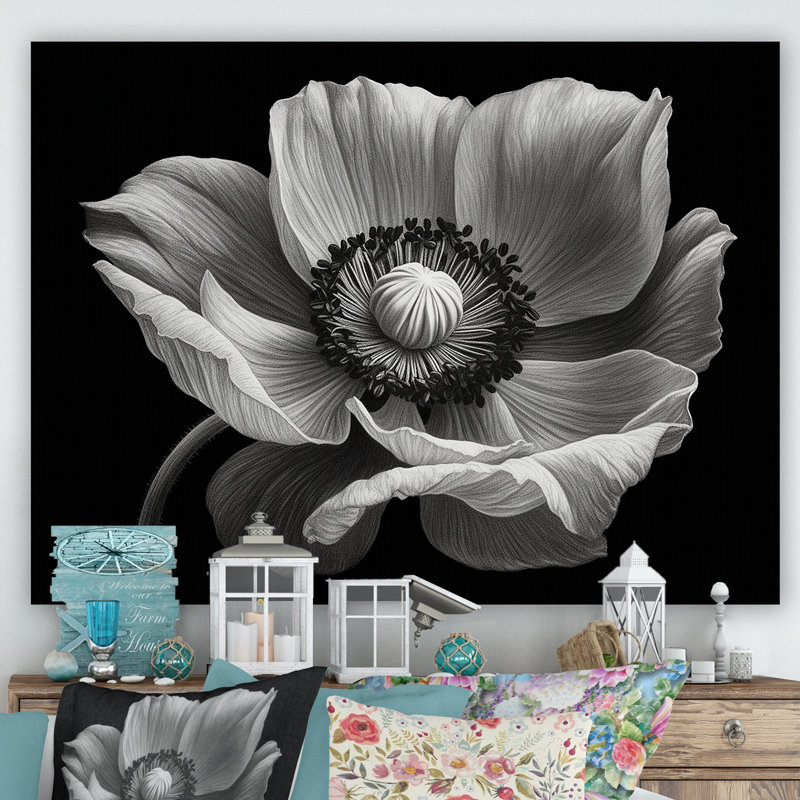 Coquelicots noirs et blancs sur toile, H 30 po x l 40 po x P 1,5 po, Toile tendue