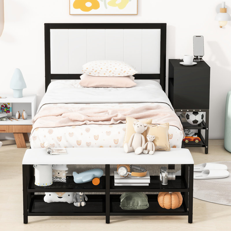 Lit plateforme simple en métal avec rangement et armoire en bois remarquable, noir distingué