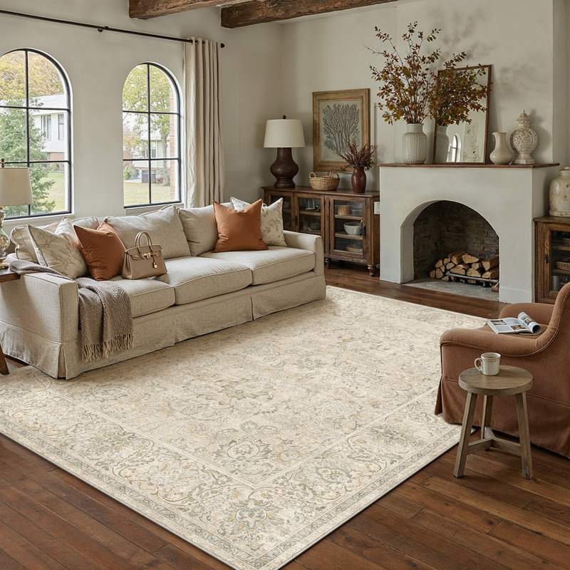 Tapis vintage lavable à la machine avec envers antidérapant, Rectangle 9 pi x 12 pi, Beige
