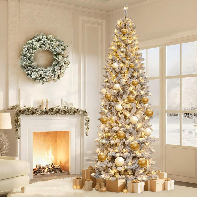 Arbre de Noël 12 pi avec crayon, arbre artificiel givré pré-éclairé, décoration de Noël pour les arbres de Noël, avec lumière DEL et base en métal