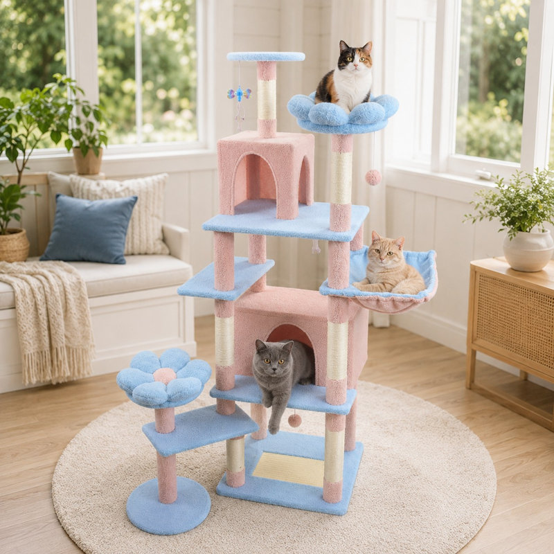 Arbre à chat 71 po avec condo, hamac et perchoirs, Rose et bleu