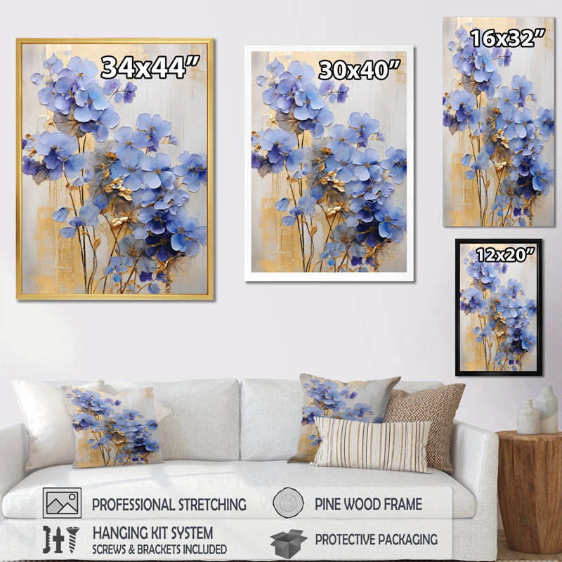 «Blue and Gold Exquisit Violets II», reproduction sur toile, Cadre flottant blanc, H 44 po x l 34 po