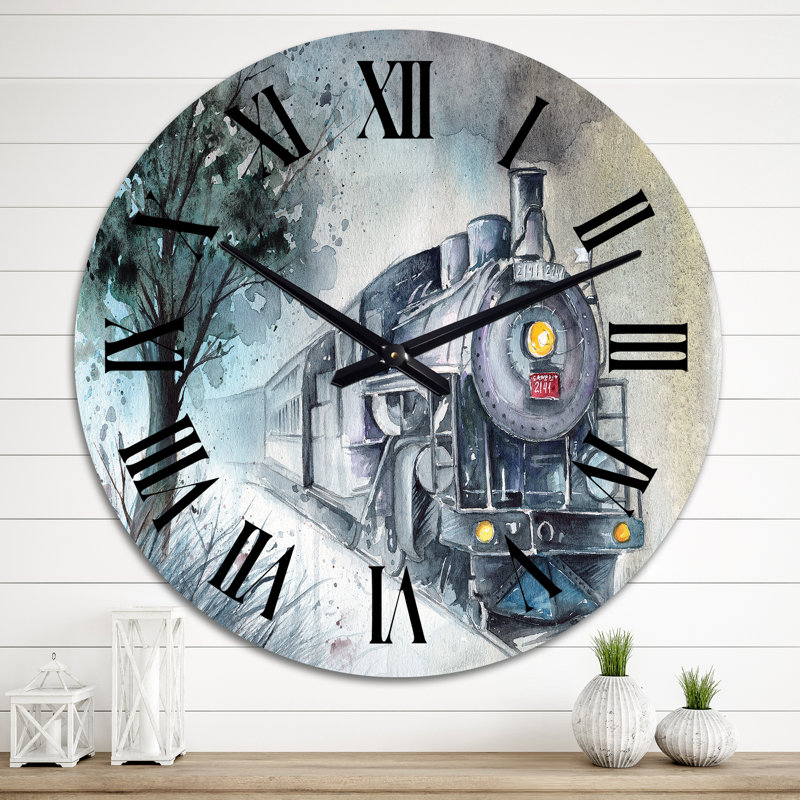 Une locomotive à vapeur en hiver - horloge murale industrielle, Surdimensionné