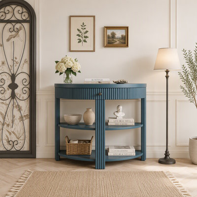 Fluted Half Moon Console Table with Drawer and 2 Shelves for Entryway, Living Room and Hallway