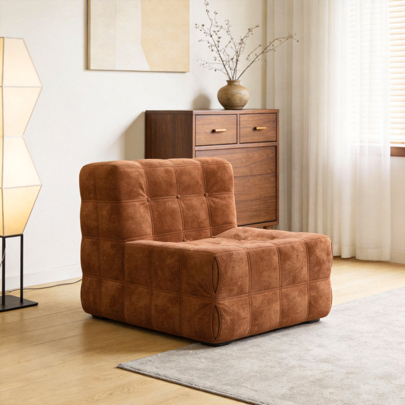Luxury Velvet Waffle Couch, Deep Seat Compact Sofa With Compression Technology, Burnt Orange Tufted Sofa For Living Room