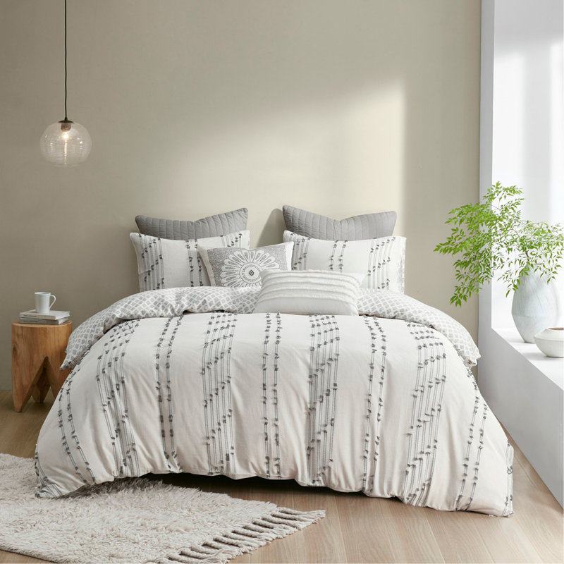 Ensemble de housse de couette en jacquard de coton 3 pièces très grand / très grand californien, Ivoire patchwork