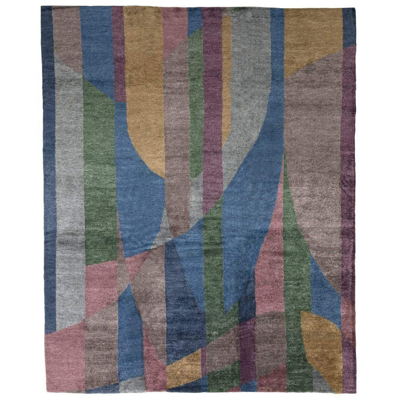 Gilded Silk Geometric Area Rug in Blue/Green/Cabernet/Pink, Rectangle 2' x 3'