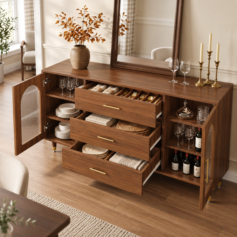 Buffet/meuble de rangement de style moderne du milieu du siècle, en MDF brun à grain de bois, 150 cm