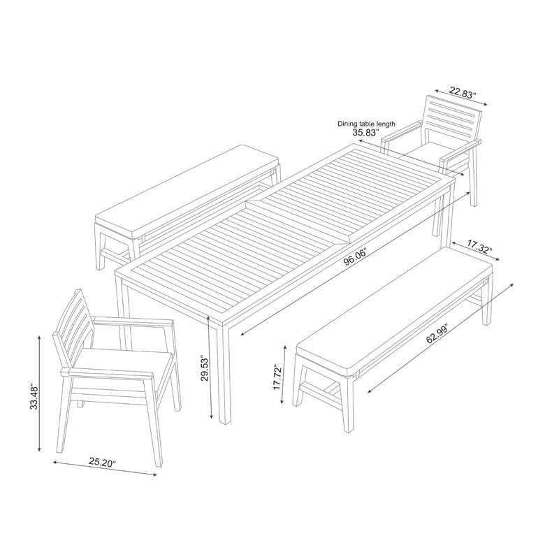 Outdoor Furniture Rhodes 5 Piece Dining Set with 96 in. Table & Bench Seating, Natural Teak, Cast Silver Sunbrella®