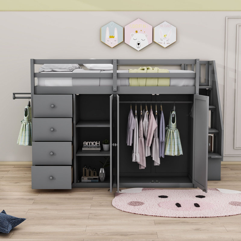 Lit mezzanine double avec tiroirs Jebidiah Kids, gris