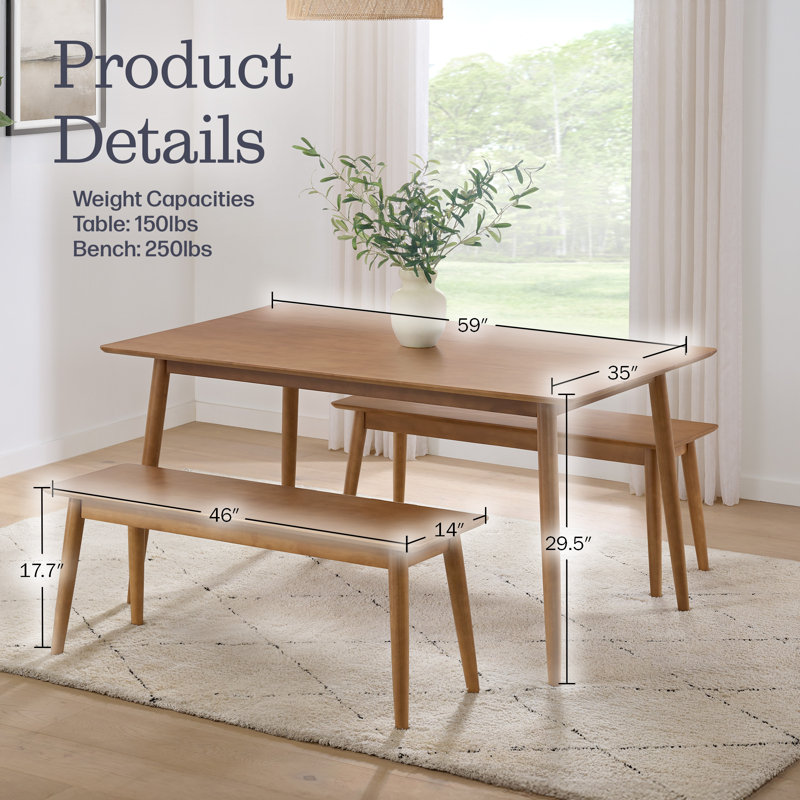 Calais 3 Piece Dining Table Set For 4 With Benches - 59” Solid Wood Kitchen Table And Two 46” Bench Seats - Mid Century Modern Furniture For Dining Room Or Kitchen (Pecan)