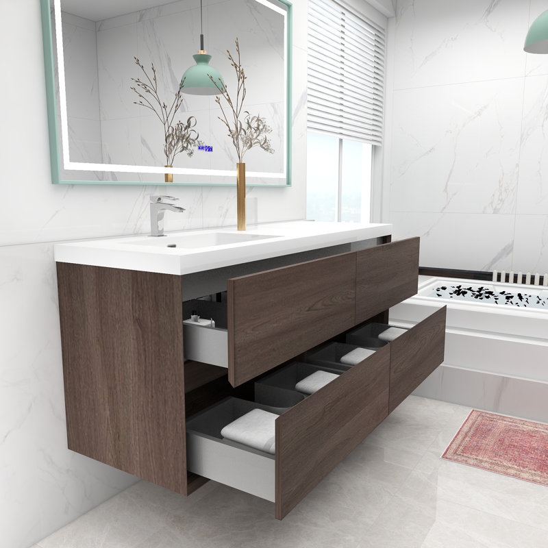 Ensemble de meuble-lavabo mural simple 60 po Antheny, Chêne rouge