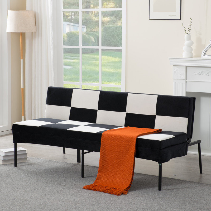 Canapé futon noir et blanc en velours à carreaux avec dossier réglable à 5 positions et structure en métal