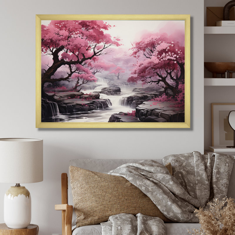«Pink Trees Waterfall Endless Journey» - Art mural cascade, H 24 po x l 32 po x P 1 po, Cadre doré