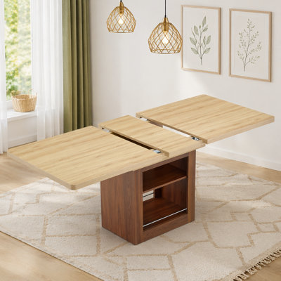 Une table de salle à manger extensible avec espace de rangement, une table de salle à manger extensible de 59 à 71 pouces. Table à tirer rectangulaire avec structure en panneau de fibres à densité moyenne robuste de couleur noyer, pouvant accueillir 4 à 8 personnes.