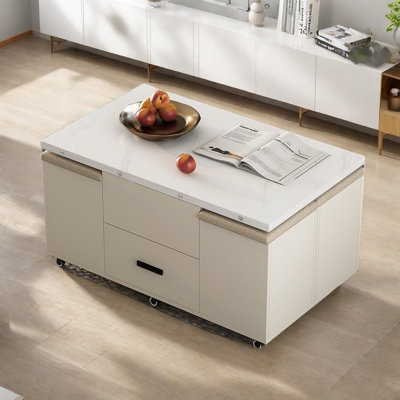 Modern Lift-up Folding Coffee Table With 4 Stools, 2 Drawers And Hidden Storage Space