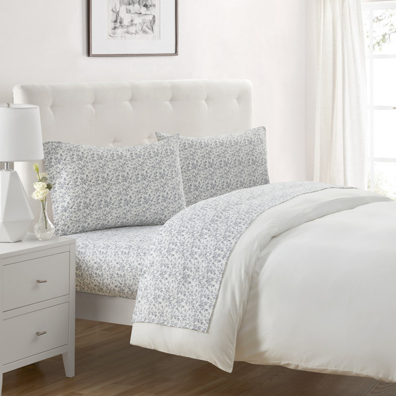 Flora Flannel Standard Floral Sheet Set, Gray, King Sheet Set + 1 Fitted Sheet + 2 Pillowcases