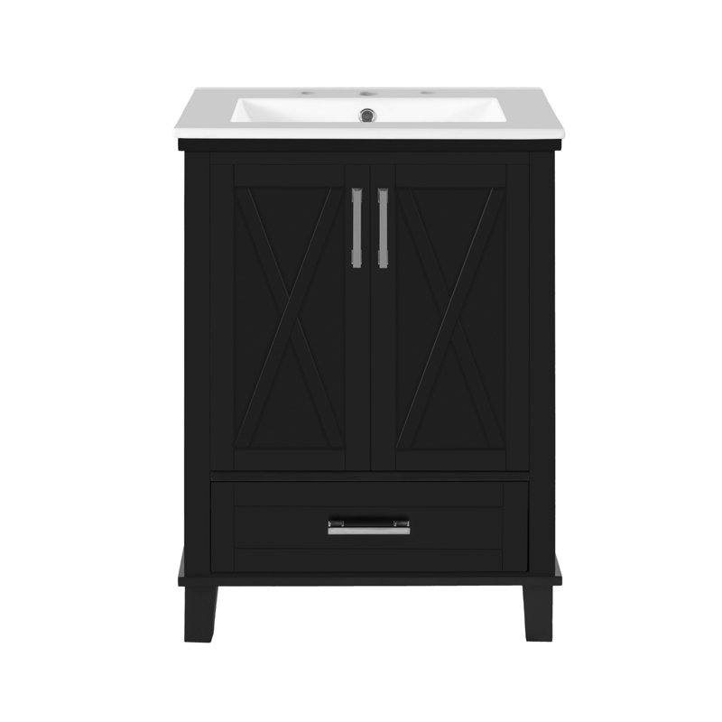 Meuble-lavabo de 24 po de conception, un seul lavabo, 2 portes d'armoire à fermeture en douceur, 1 tiroir compartimenté, tablette de rangement à deux niveaux, noir