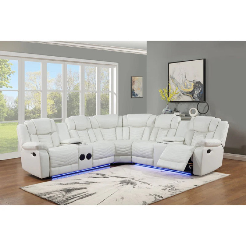 Vichy White Air Leather Reclining Sectional With Led & Bluetooth, White Faux Leather
