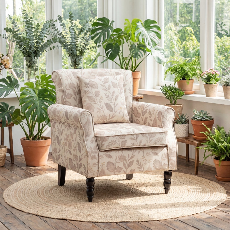 Vintage Floral Upholstered Armchair With Rolled Arms And Wooden Legs, Oatmeal Leaf Floral