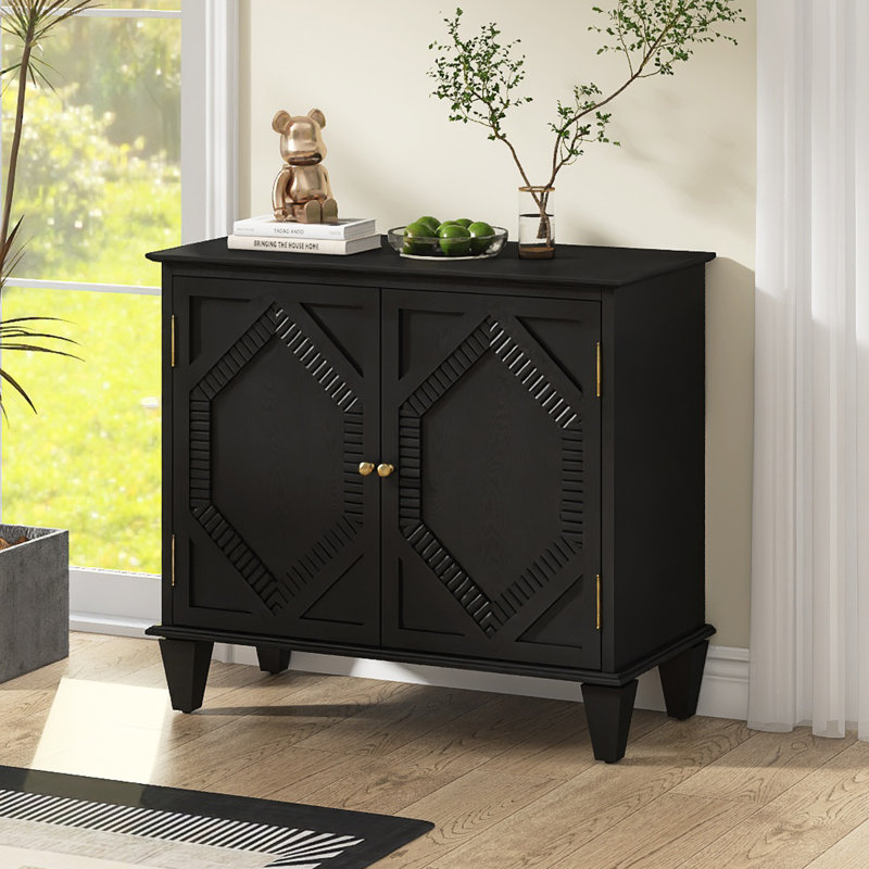 Buffet rétro l 33,6 po avec tablette réglable, pieds en bois massif, Noir