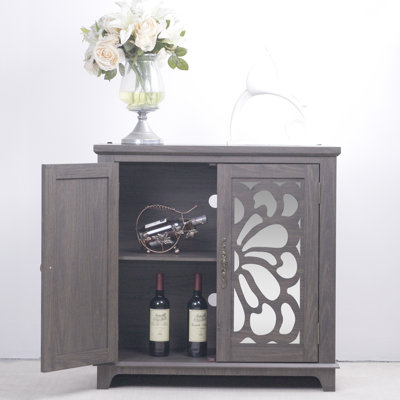 Buffet de rangement, 2 portes en miroir, support avec stratifié grain de bois 3D, espace spacieux pour la vaisselle et la décoration, miroirs décoratifs aux détails complexes, facile à assembler, convient à différentes pièces,