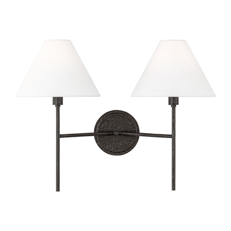 Chapman & Myers Ridgewood Bathroom Bedroom Wall Fixture With White Linen Shade, 14.25" H x 19" W x 9.375" D, Aged Iron