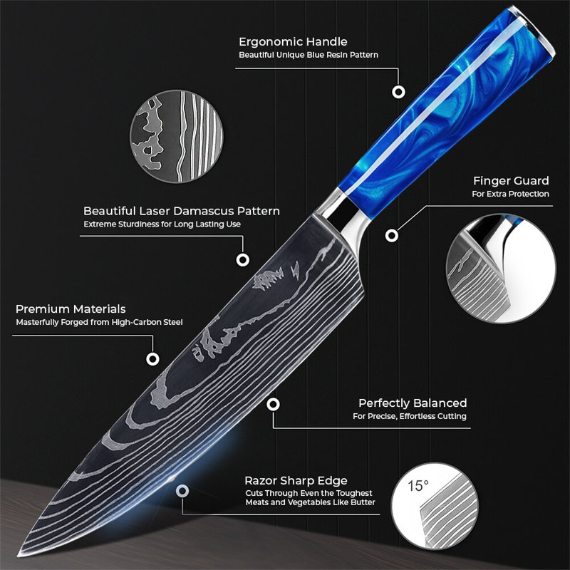 Senken Knives Senken Knives 8-Piece Japanese Kitchen Knife Set With Damascus Blade Pattern & Blue Resin Handles - Cerulean Collection Professional Chef Knife Set with Gift Box