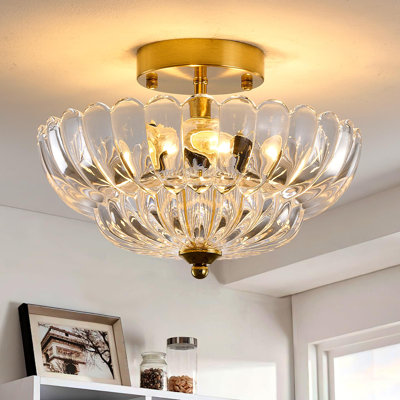 Semi Flush Mount Ceiling Light, Gold Vintage Crystal Glass Modern Close-To-Ceiling Lighting For Bedroom Kitchens, And Hallways