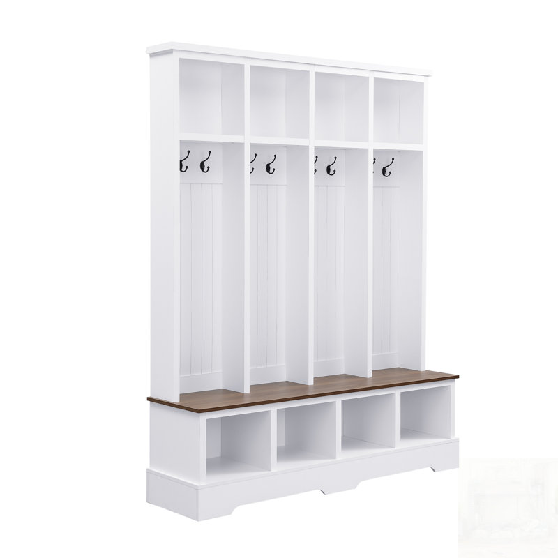 Farmhouse Hall Tree With 8 Hooks, Practical Entryway Bench With Open Compartments, Modern 3-In-1 Wooden Style Coat And Shoe Rack For Mudroom, Living Room