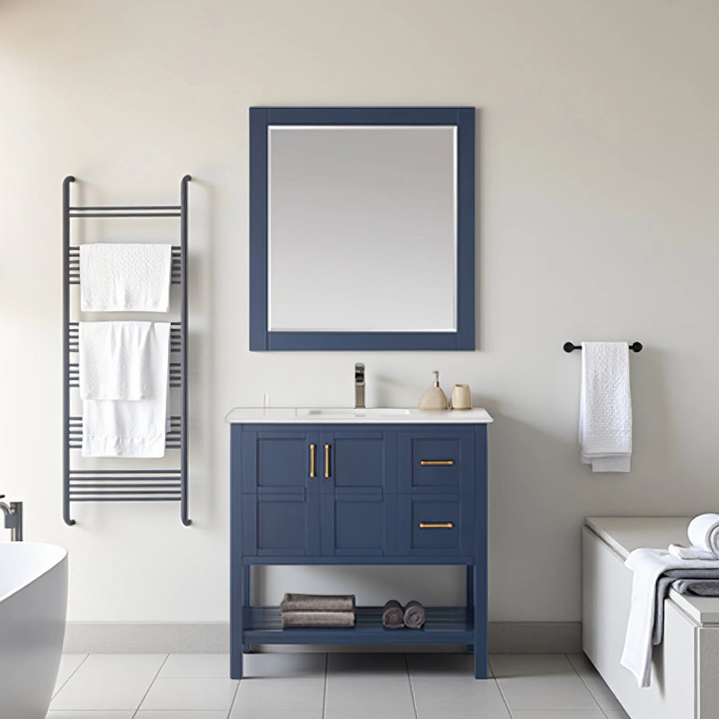 Meuble-lavabo italien en bois bleu de style minimaliste avec comptoir en pierre reconstituée