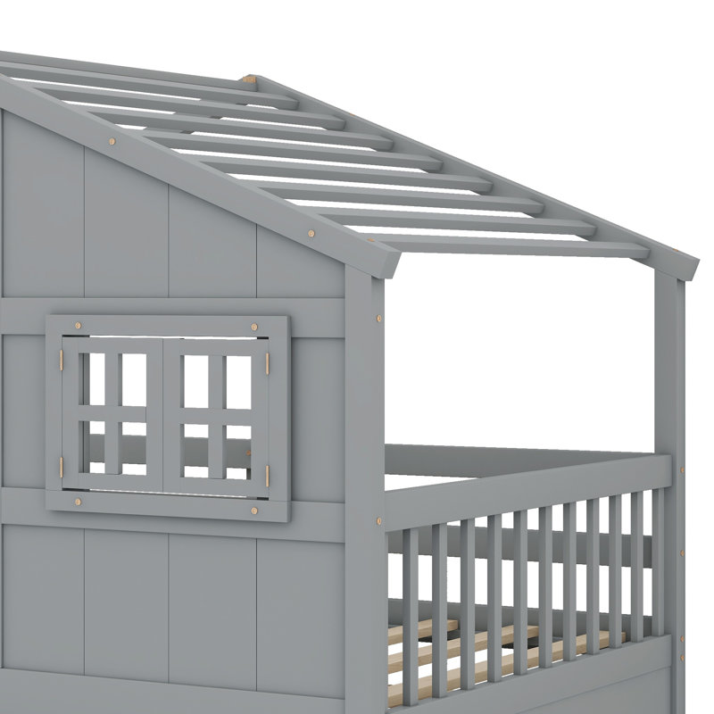 Lit mezzanine en forme de maison avec toit, fenêtres et 4 tiroirs de rangement Whimsical, Gris
