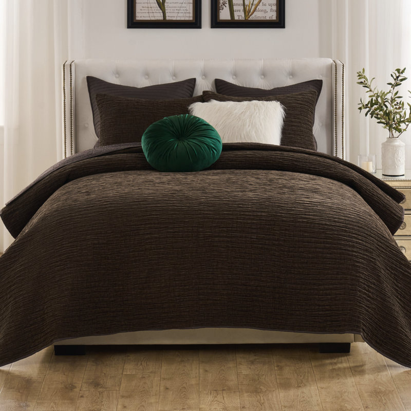 Ensemble de courtepointe texturée Velvet Crush, Courtepointe pour lit simple + 1 taie décorative, Chocolat