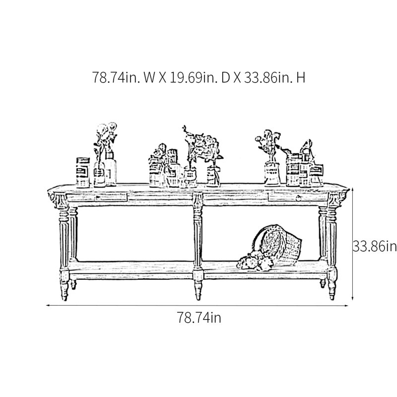 Console campagne rétro, H 33,86 po x l 78,74 po x P 19,69 po