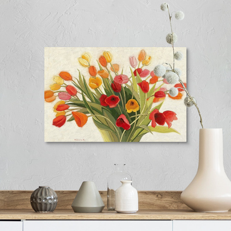 « spring tulipes » par shirley novak, reproduction d’art, H 32 po x l 48 po x P 1,5 po, Toile