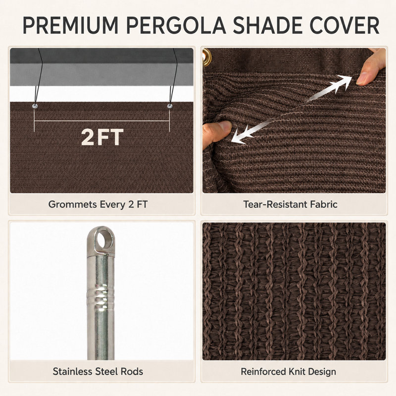 ColourTree Pergola Shade Canopy Replacement, 260 GSM UV-Blocking Fabric with Stainless Steel Rods for Outdoor Patio, Brown