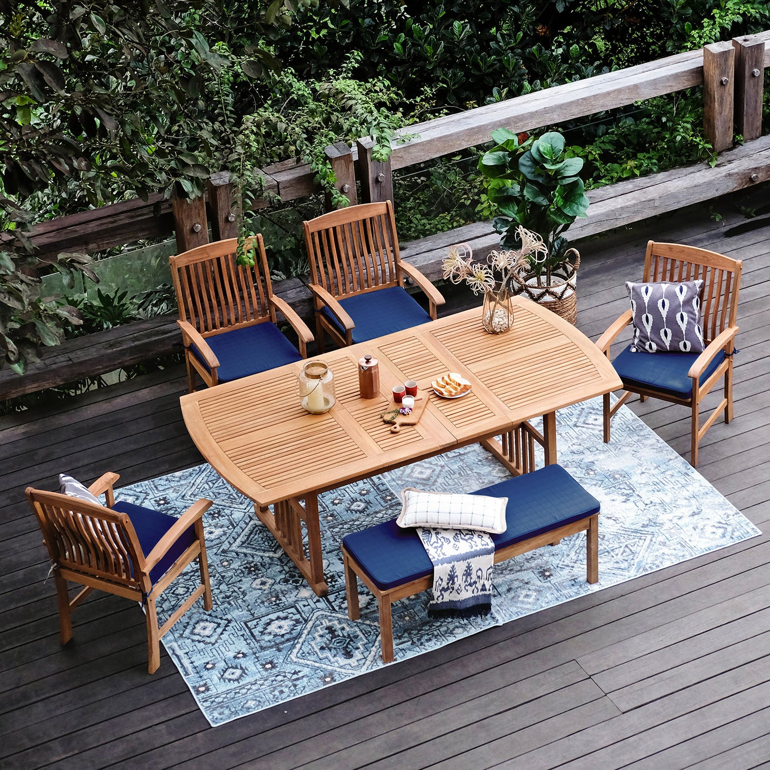 Narelle 85" Teak Patio Dining Set, Navy