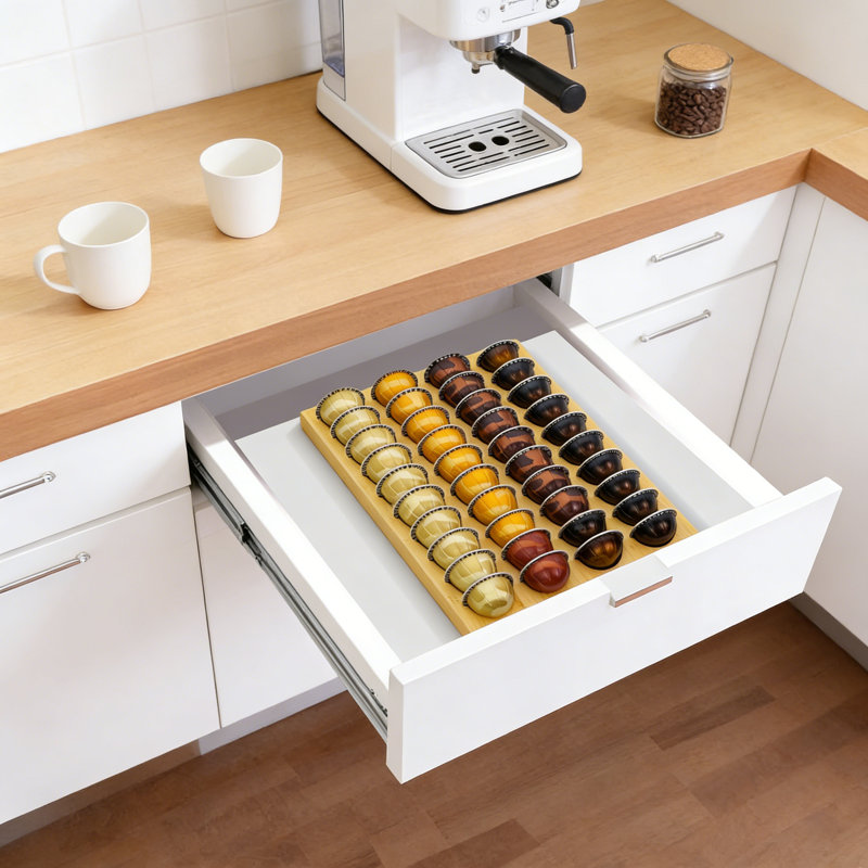 Plateau de rangement pour tiroir à capsules de café en bambou Minboo - Peut contenir 40 dosettes, compatible avec les dosettes Nespresso Vertuoline et standard, convient aux tiroirs de cuisine et de bureau