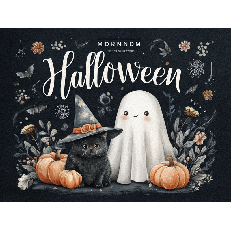 Art mural d'Halloween fantôme et chat avec citrouilles