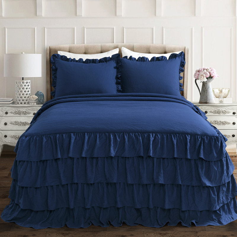 Allison Ruffle Skirt Ruffle Skirt Bedspread Set, Navy, Full Bedspread + 2 Standard Shams