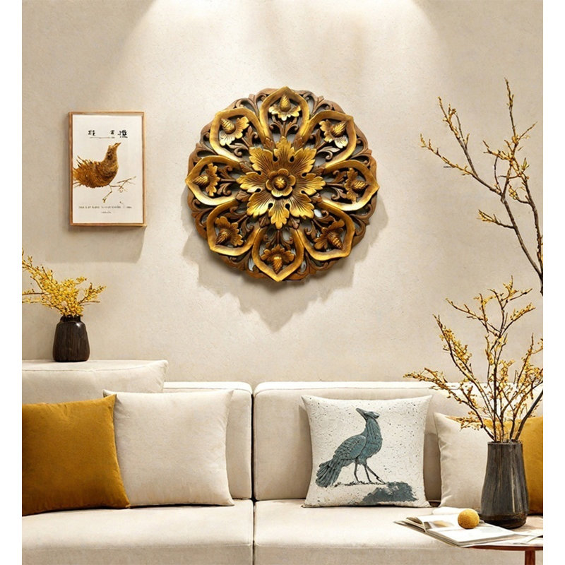 Thai Style Floral Carved Round Wood Wall Art For Home Accent Decor