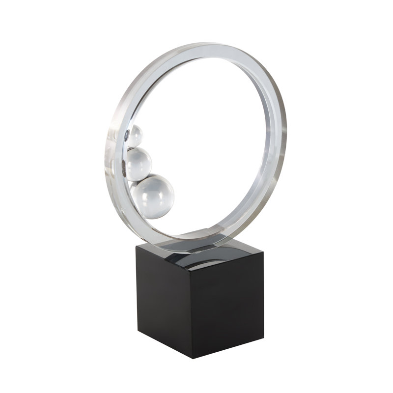 Sculpture abstraite Cole and Gray Glass Ring avec orbes transparents et base carrée noire